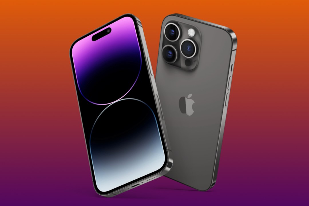 iPhone render against pink and orange background